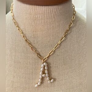 NWOT Paperclip Pearl letter “A” gold necklace